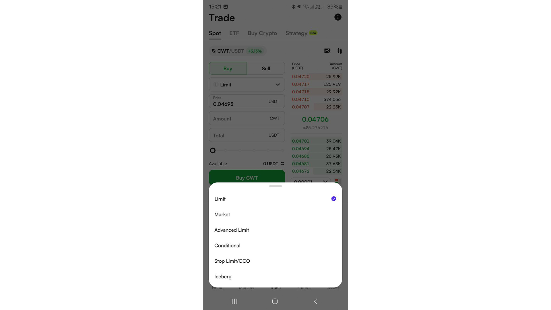 Tipi di ordine su CoinW Mobile
