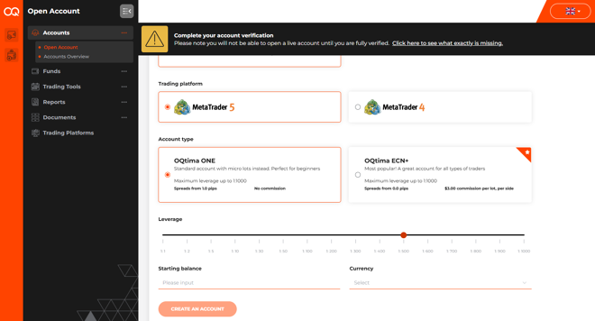 OQtima’s account registration form (continued)