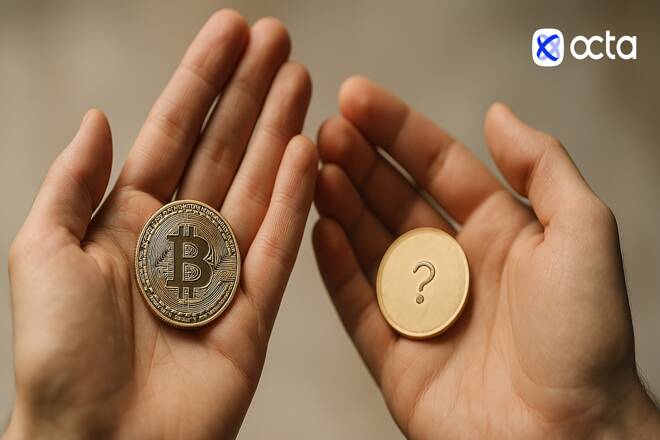 Bitcoin on the left hand and unknown coin on the right hand, and Octa logo. FX Empire