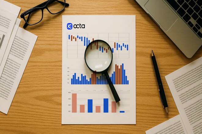 Trading charts, a magnifying glass and Octa logo. FX Empire
