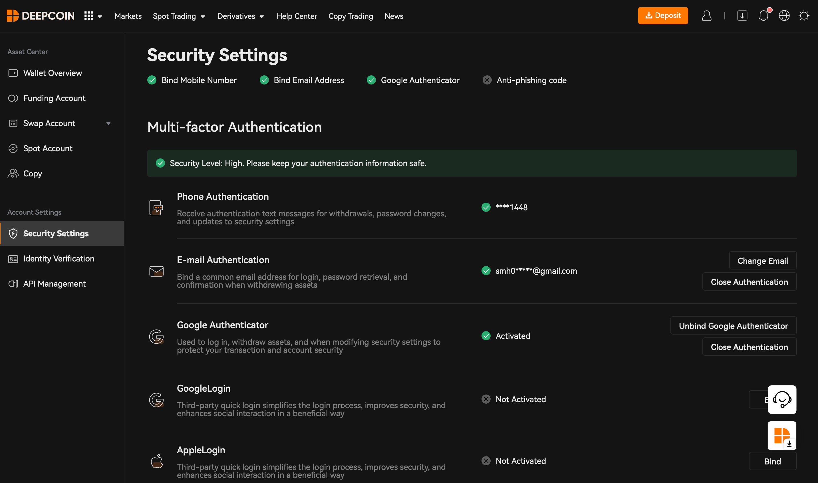 Impostazioni di sicurezza del conto su Deepcoin
