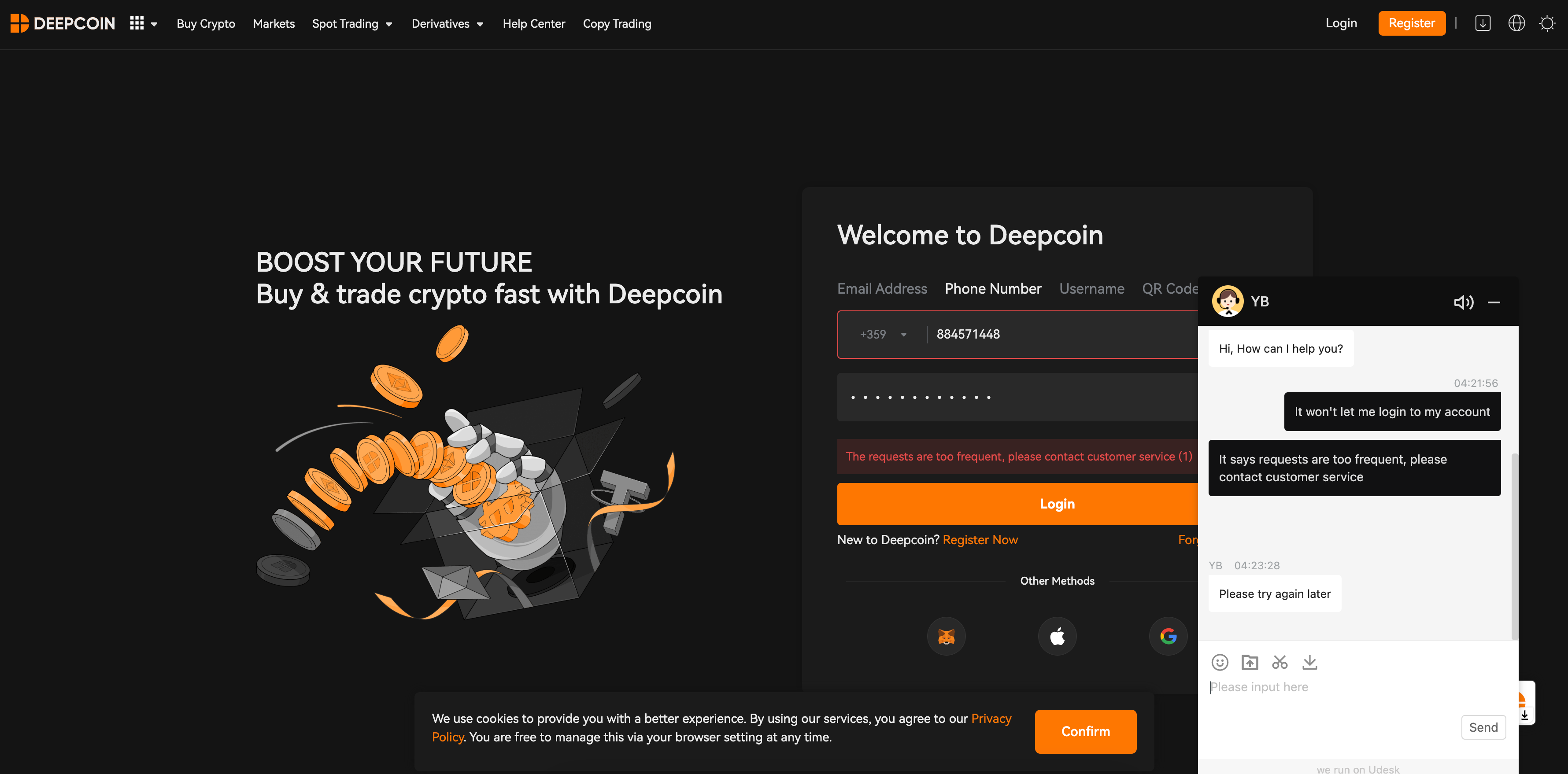 Errori di accesso su Deepcoin
