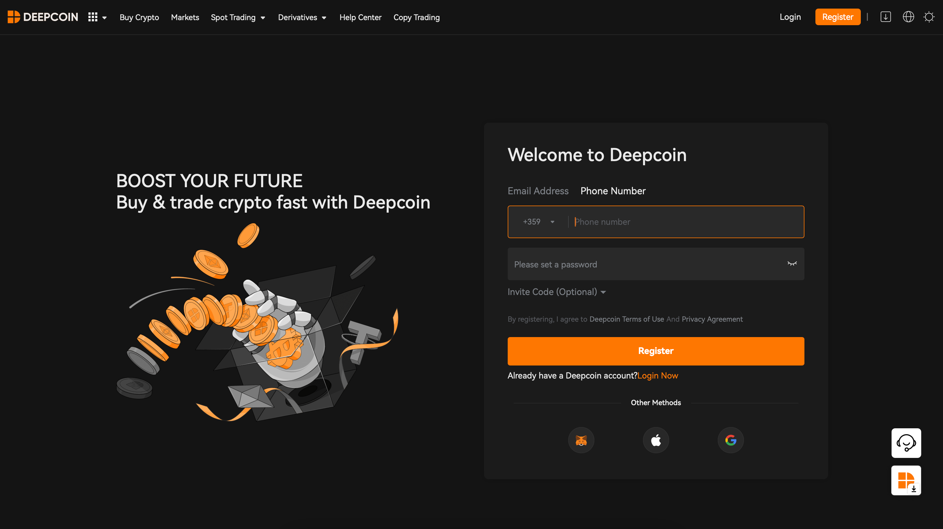 Pagina di registrazione su Deepcoin