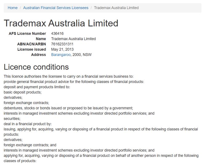 Trademax Australia Limited’s licensing info at afsl.com