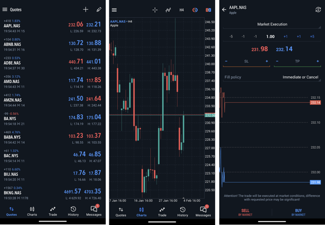 Watchlist of selected instruments (1), chart window (2), order placing window (3)