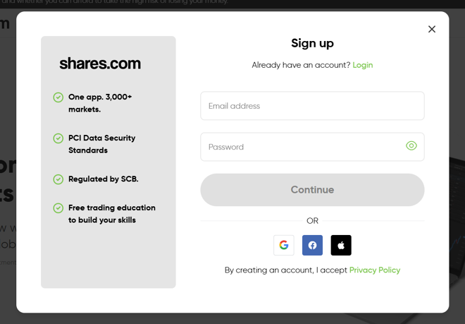 Shares.com’s account registration form