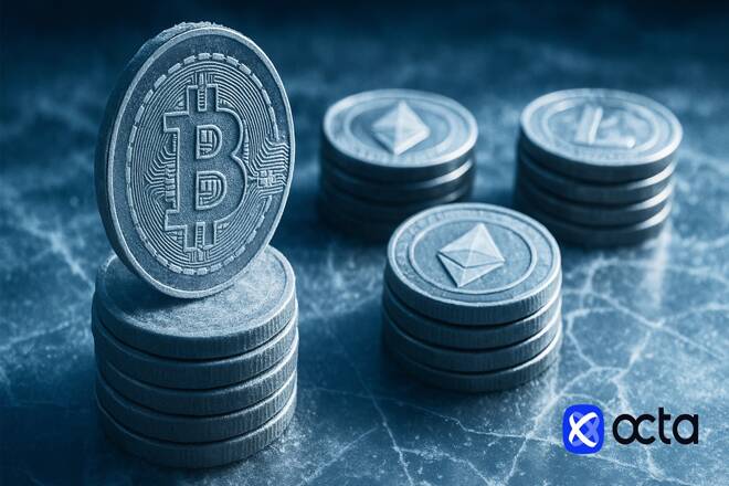 Bitcoins and Octa logo. FX Empire