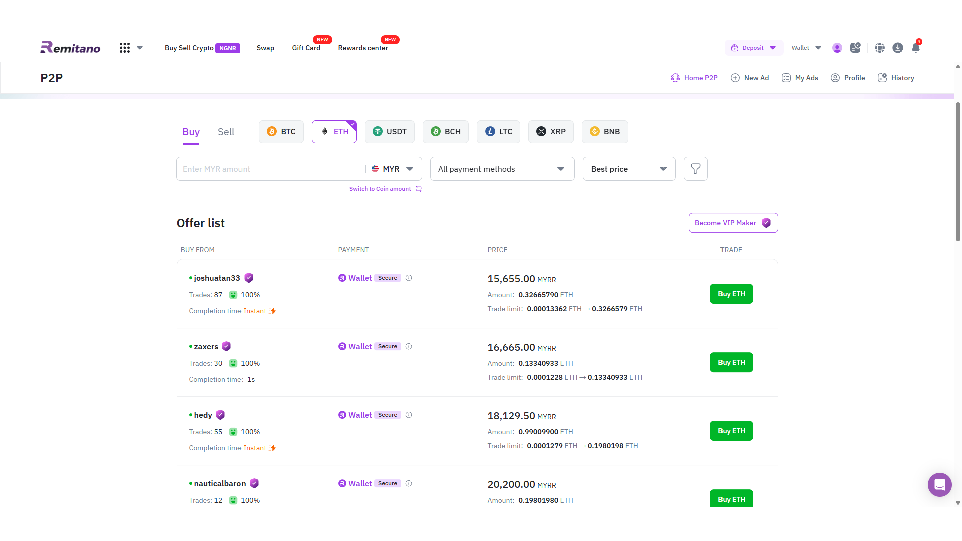 Annunci disponibili tramite trading P2P su Remitano