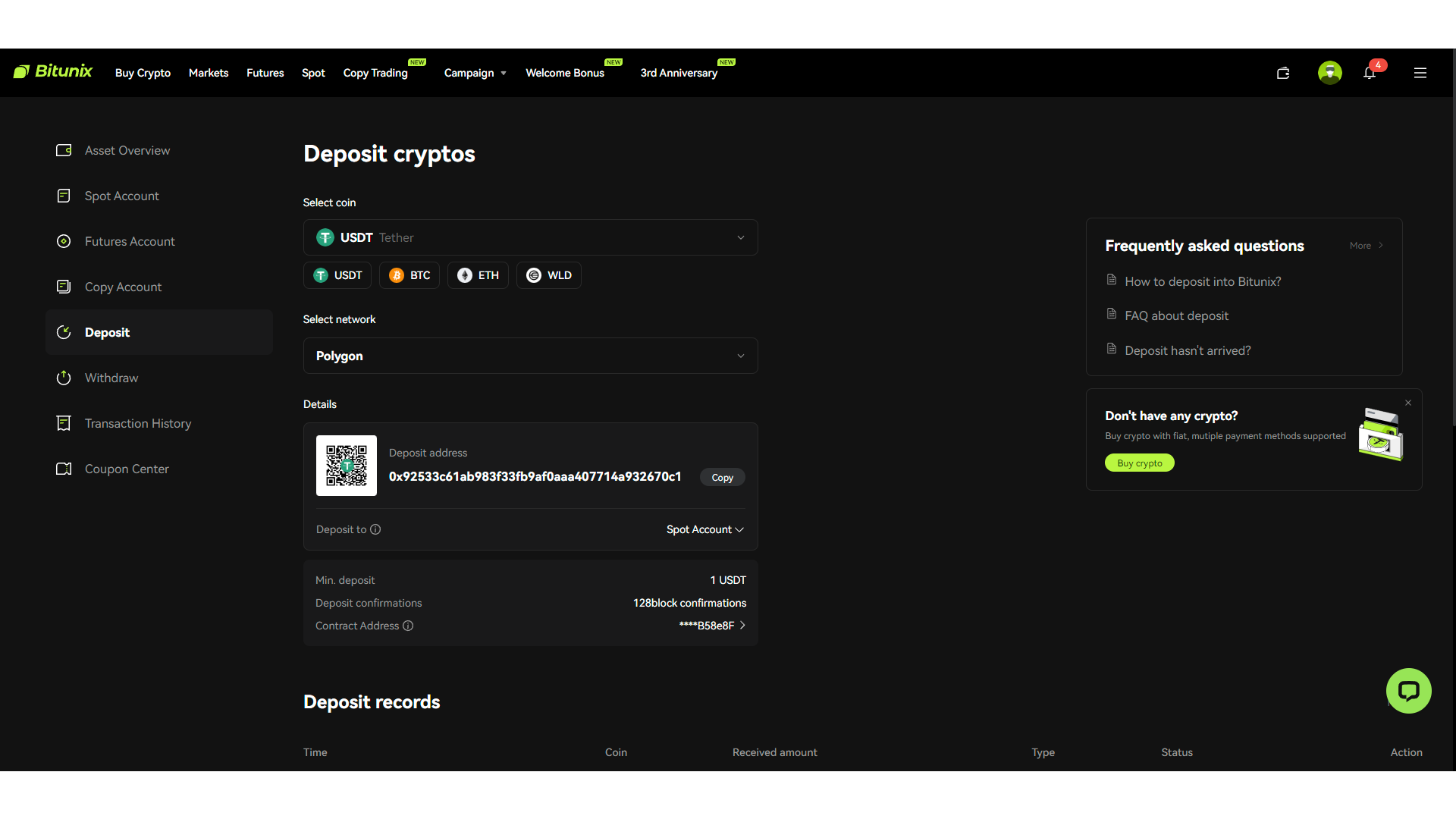 Bitunix genera un indirizzo di deposito e fornisce un codice QR da scansionare