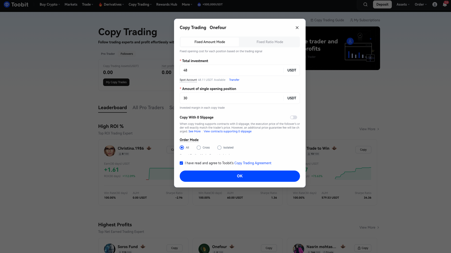 Interfaccia di copy trading su Toobit