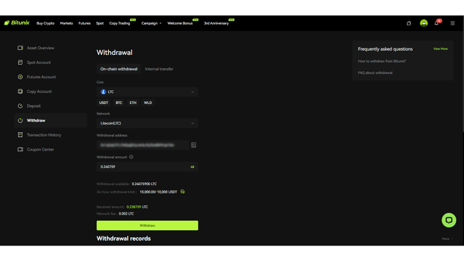 Crypto withdrawal process on Bitunix