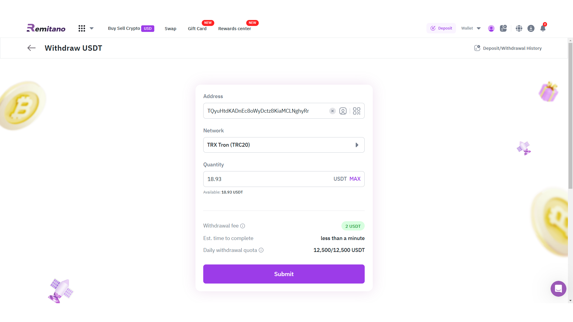 Elaborazione di un prelievo di criptovalute su Remitano