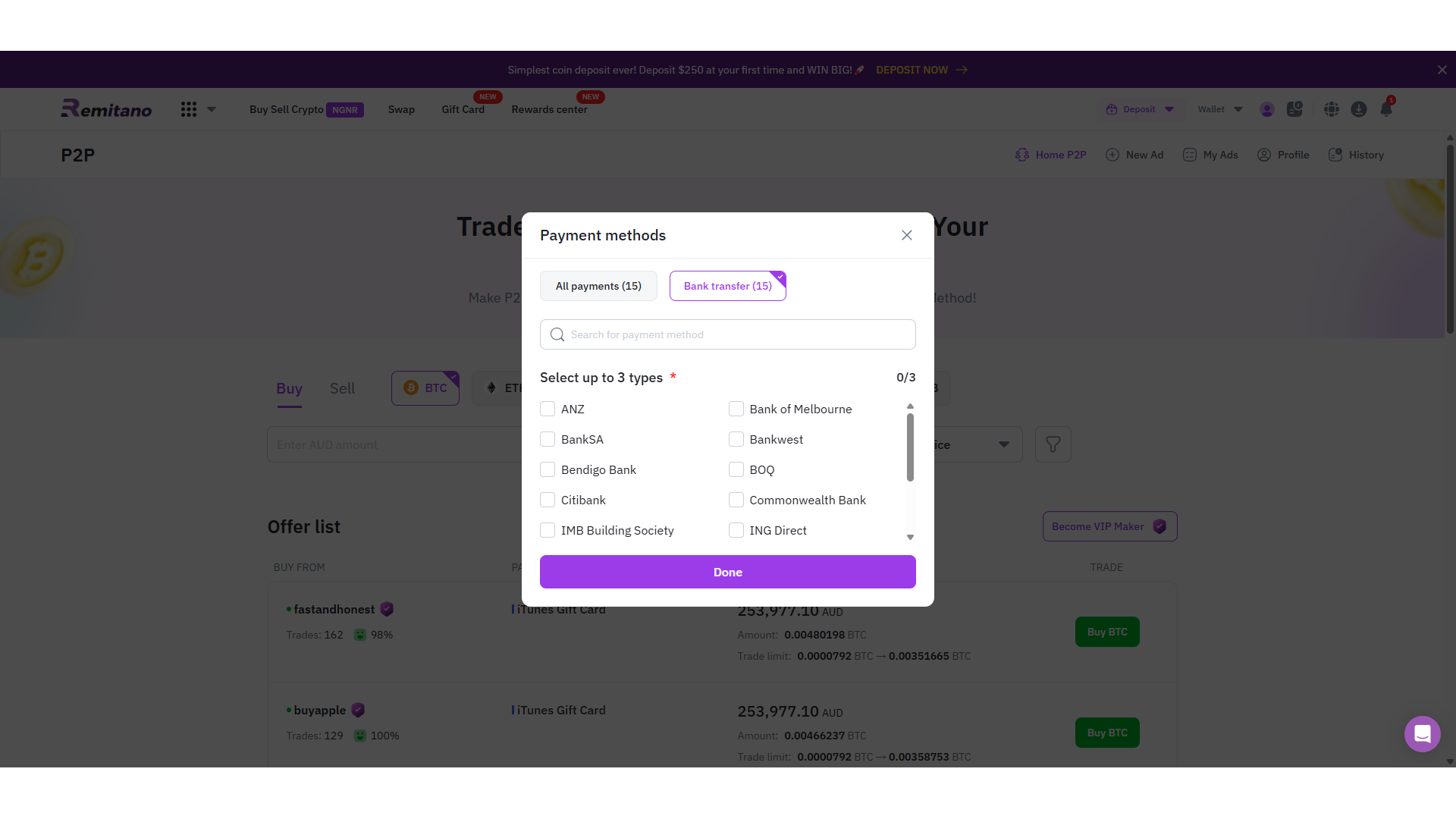 Opzioni di deposito su Remitano
