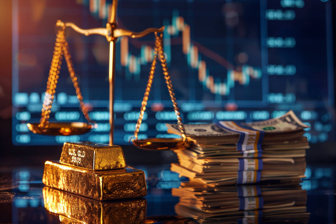 Gold bullion and US Dollars in front of a scale. FX Empire
