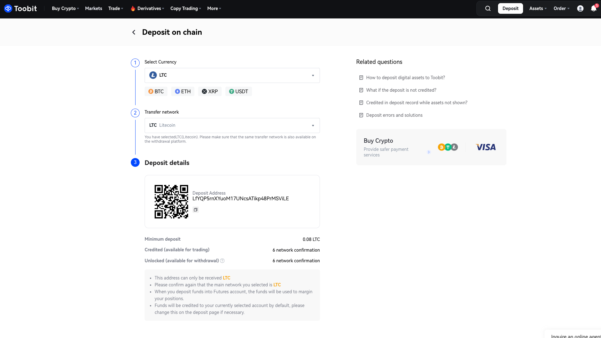 Indirizzo di deposito in LTC su Toobit
