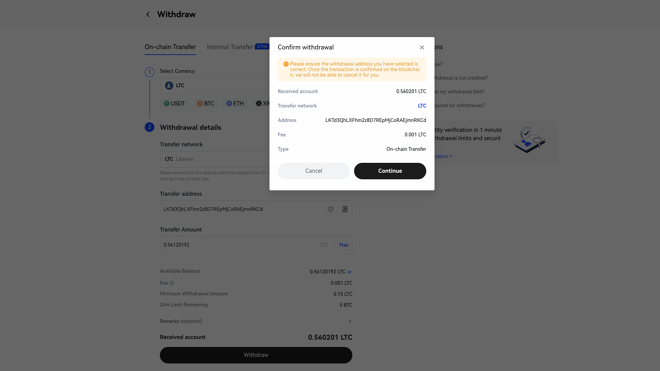 LTC withdrawal confirmation