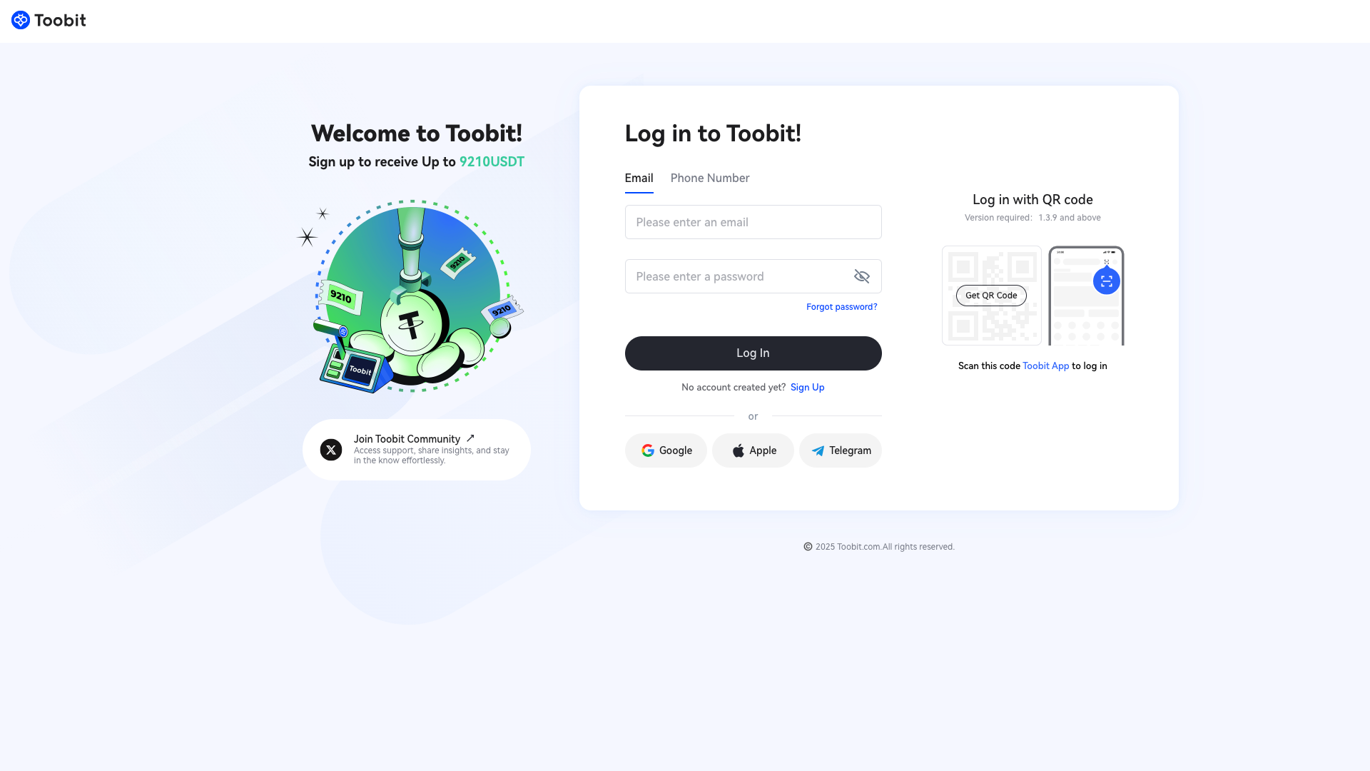 Pagina di registrazione di Toobit