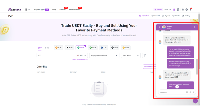 Remitano customer service via Live Chat