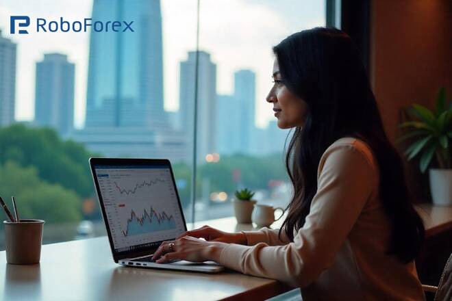 Girl using RoboForex trading platform. FX Empire