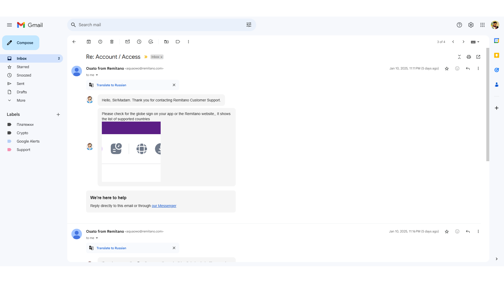 Servizio clienti di Remitano tramite email