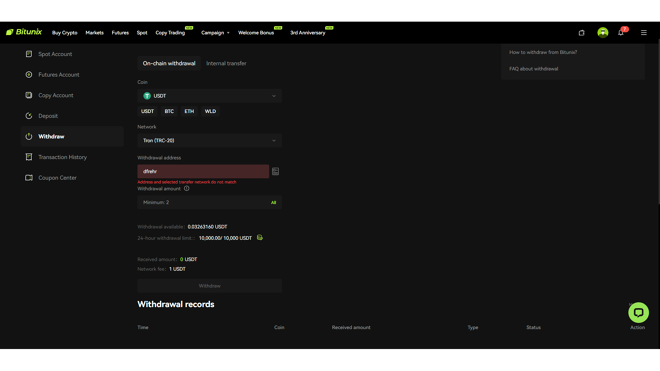 The withdrawal process on Bitunix