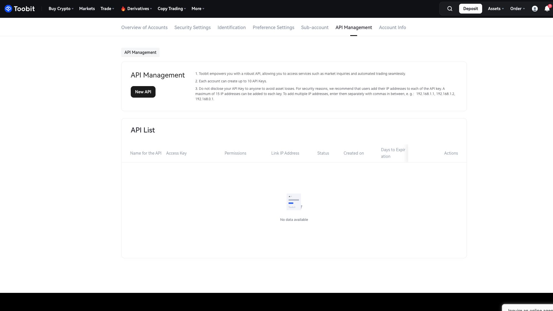 Interfaccia API di Toobit