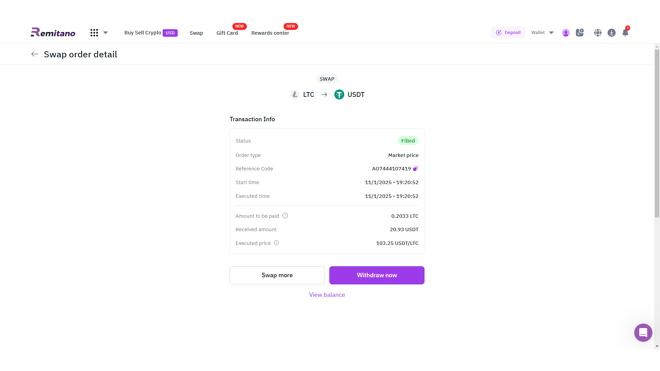 Transaction details on Remitano