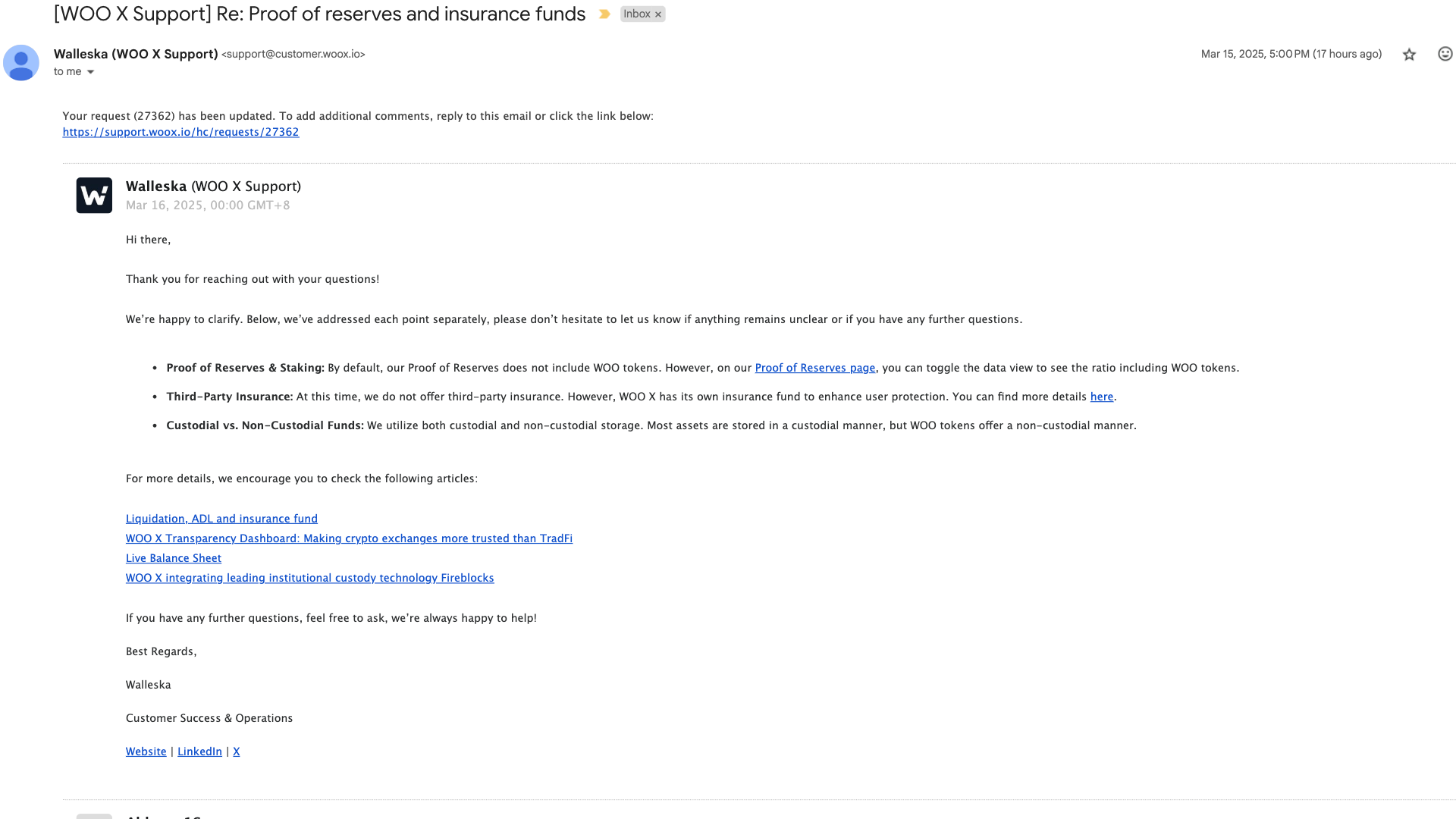 Rispota via email di WOO X