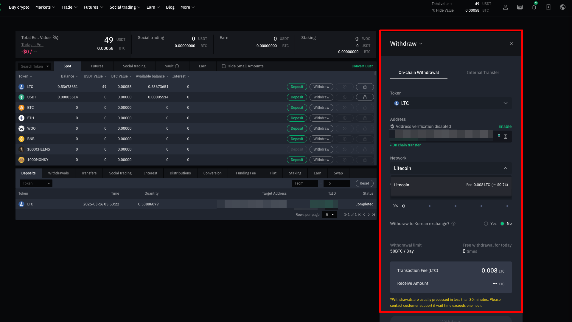 Dettagli del wallet per il prelievo