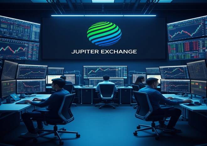 Trading room displaying the Jupiter cryptocurrency logo and the exchange. FX Empire