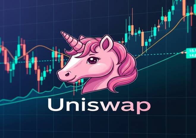 Logo di Uniswap e grafico di trading. FX Empire
