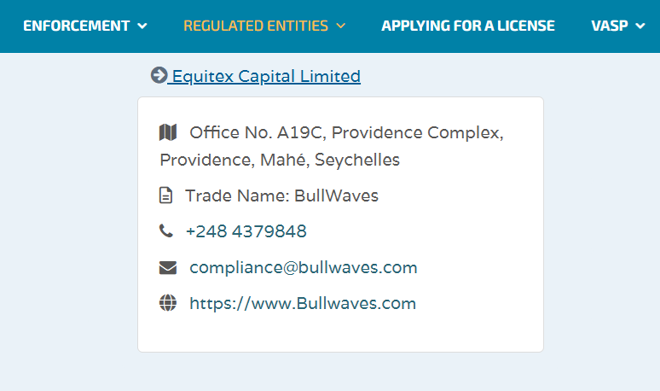 Equitex Capital Limited’s licensing info at fsaseychelles.sc
