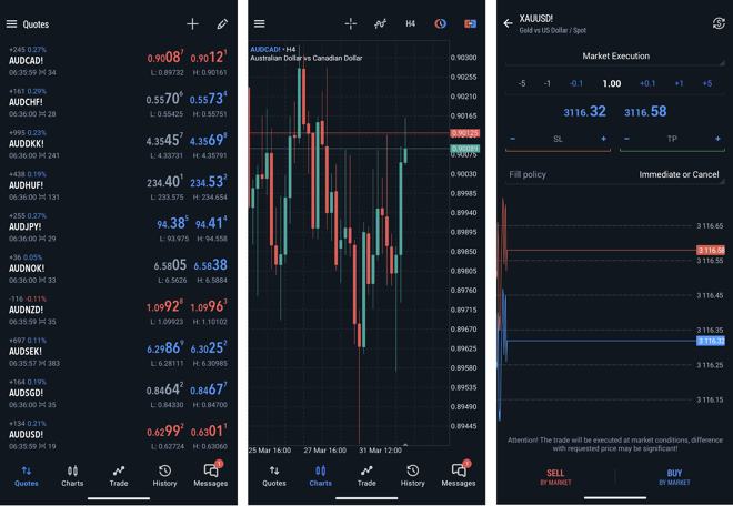 Watchlist of selected instruments (1), chart window (2), order placing window (3)