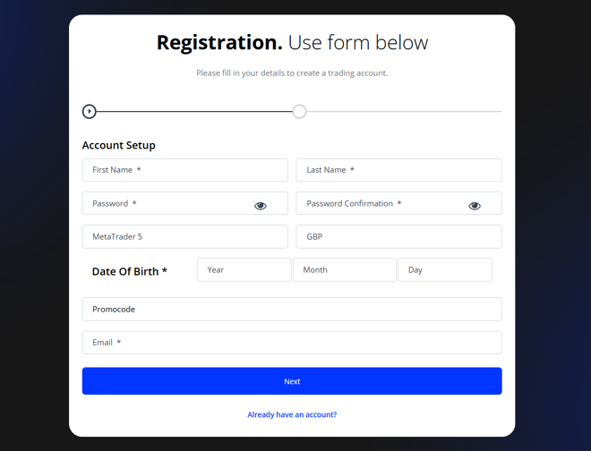 Bullwaves’ account registration form
