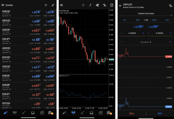 Watchlist of selected instruments (1), chart window (2), order placing window (3)