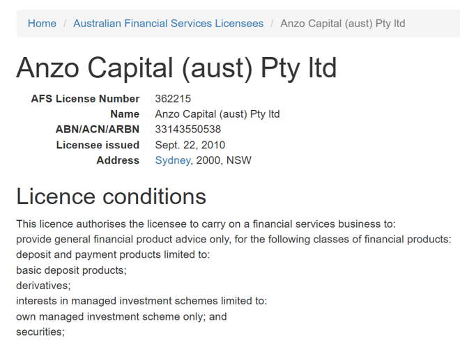 Anzo Capital (Aust) Pty Ltd’s licensing info at search-afsl.com