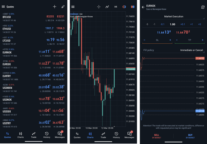 Watchlist of selected instruments (1), chart window (2), order placing window (3)