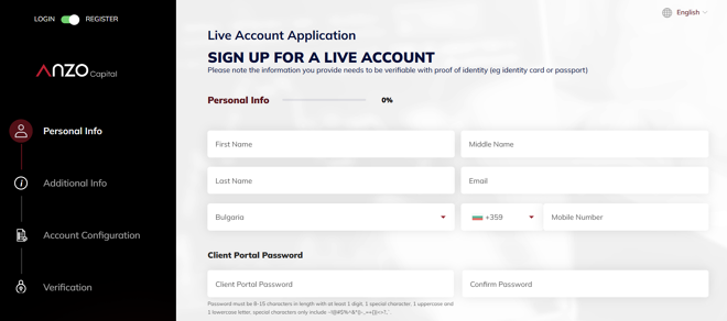 Anzo Capital’s account registration form