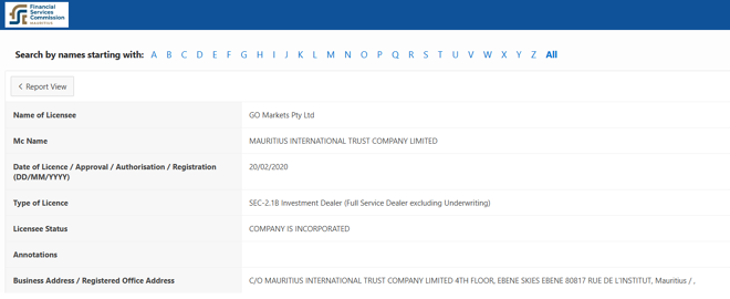 GO Markets Pty Ltd (MU)’s licensing info at fscmauritius. org