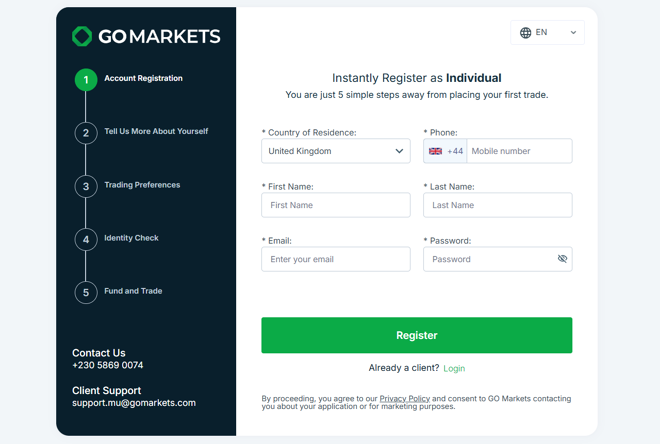 GO Markets’ account registration form