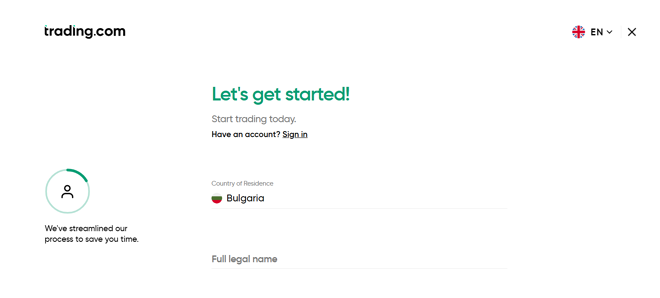 Trading.com’s account registration form