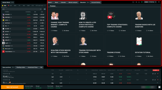Educational courses within the xStation 5 platform