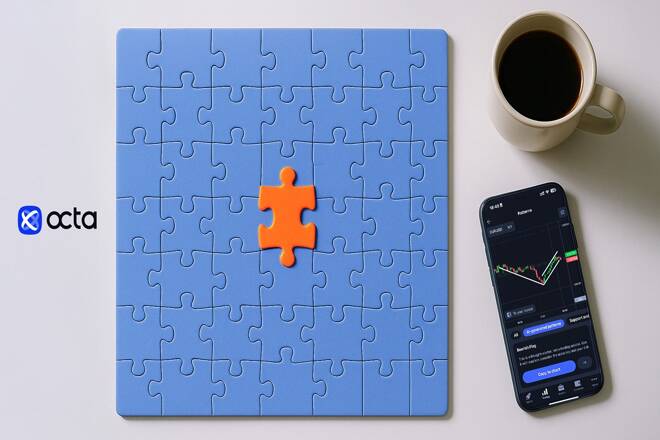 Smartphone, coffee, puzzle like pad and Octa logo. FX Empire