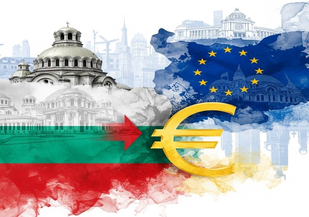 Bulgarian flag, building, european flag and euro symbol. FX Empire
