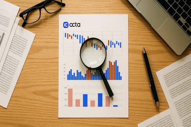 Magnifying glass over trading charts and Octa logo. FX Empire