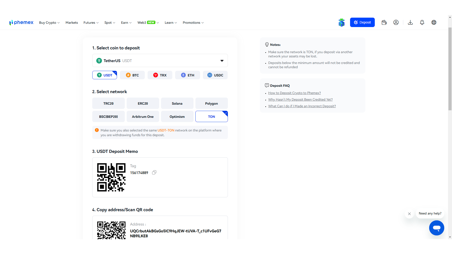 Una procedura di deposito crypto su Phemex