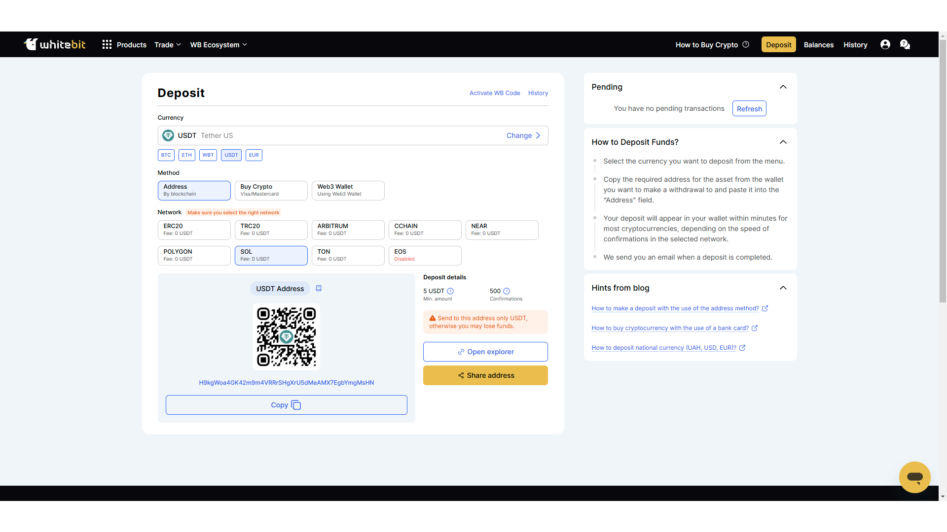 Procedura di deposito di criptovalute su WhiteBIT