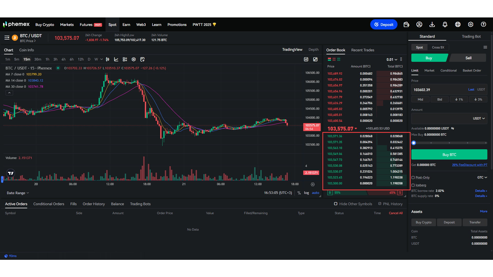 Ordini di acquisto BTC su Phemex