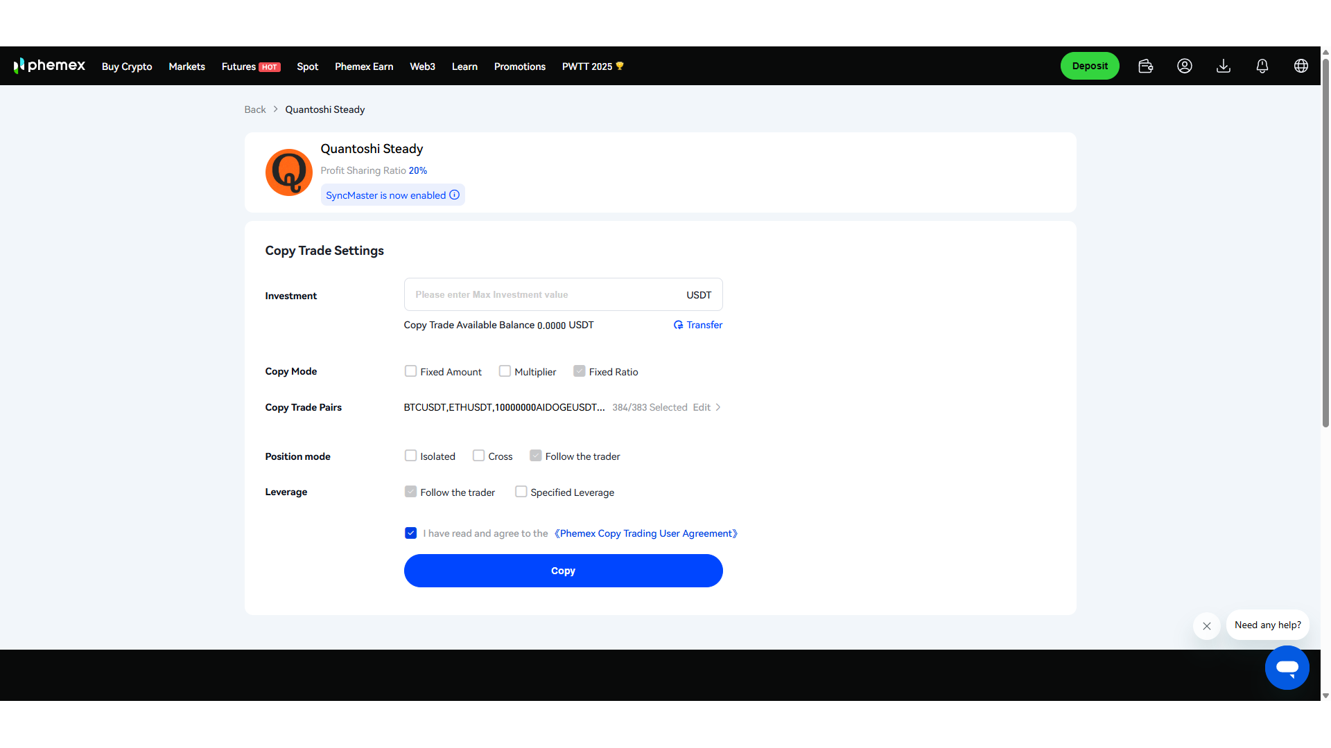 Copy trading su Phemex
