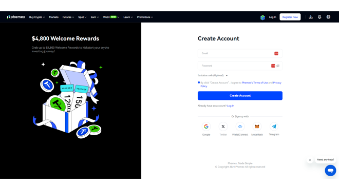 Creating an account on Phemex